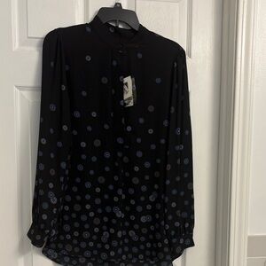Anne Klein Black Button-Down Blouse with Blue Dot Medallions
